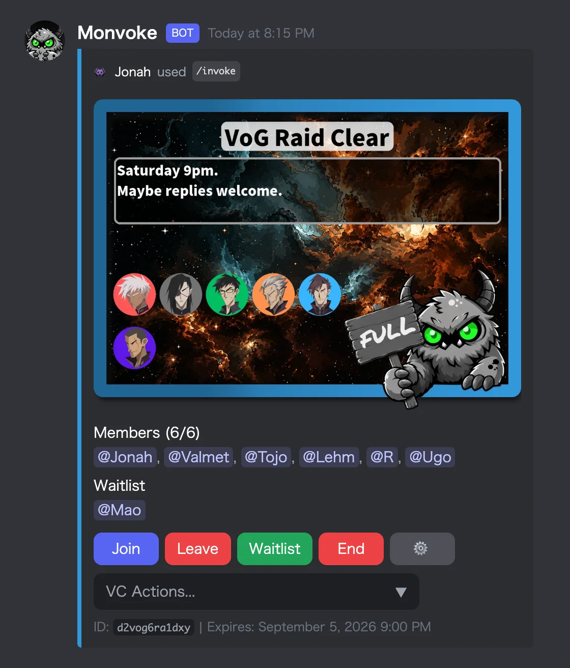 A Destiny 2 raid LFG post showing a full fireteam with a waitlist button