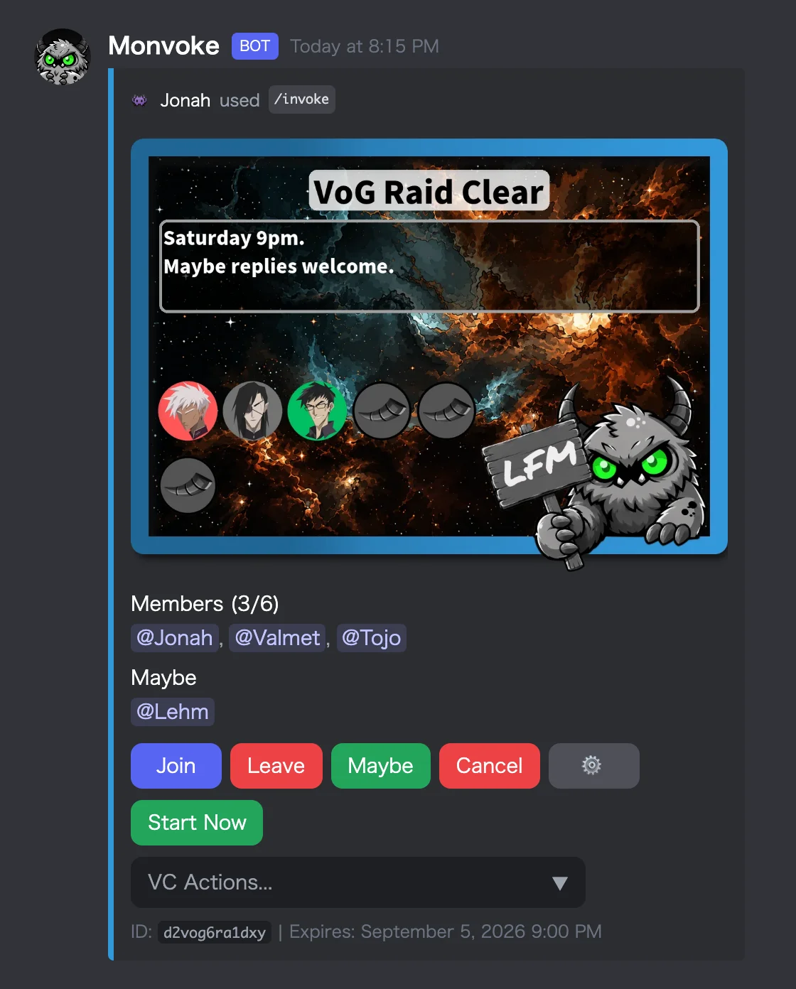 A Destiny 2 raid LFG post on Discord showing three confirmed and one maybe
