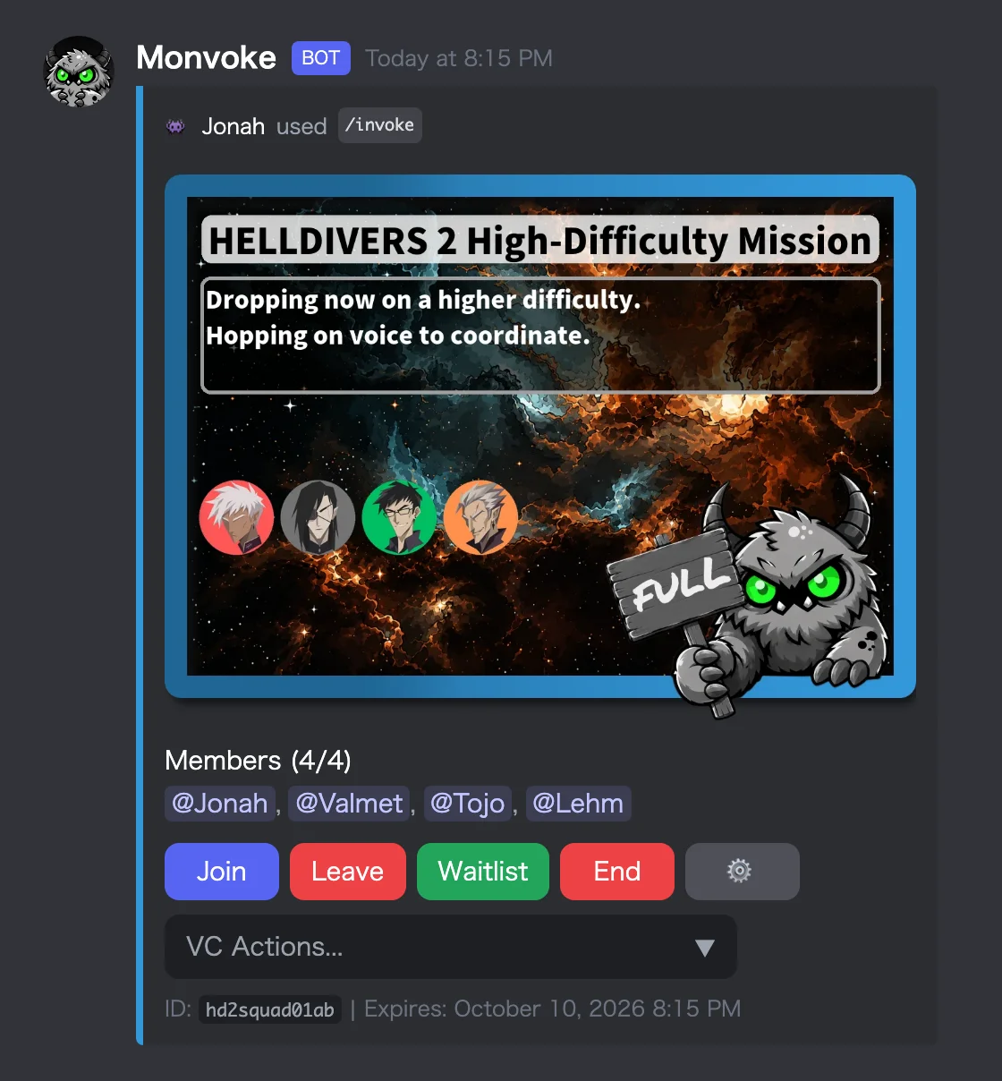 The same post after a fourth member joined and the squad is full
