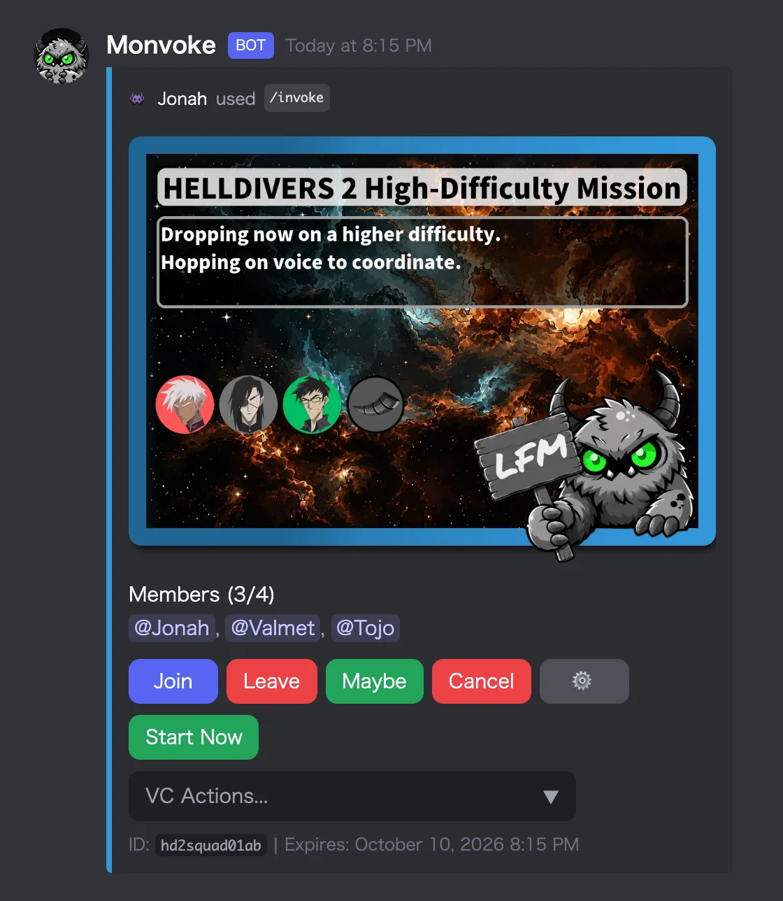 A HELLDIVERS 2 high-difficulty mission LFG post with three members signed up and one spot left