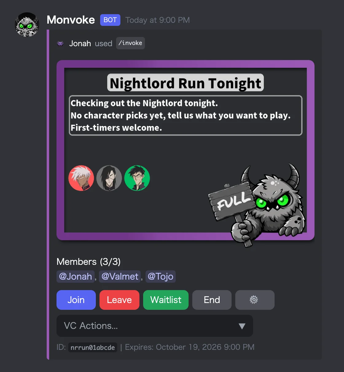 The same recruitment message after the third member joined and the squad is full