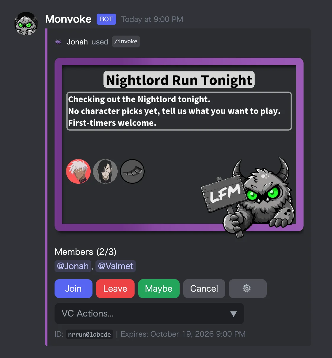 A Nightreign recruitment message for a Nightlord run, with two members joined and one slot open