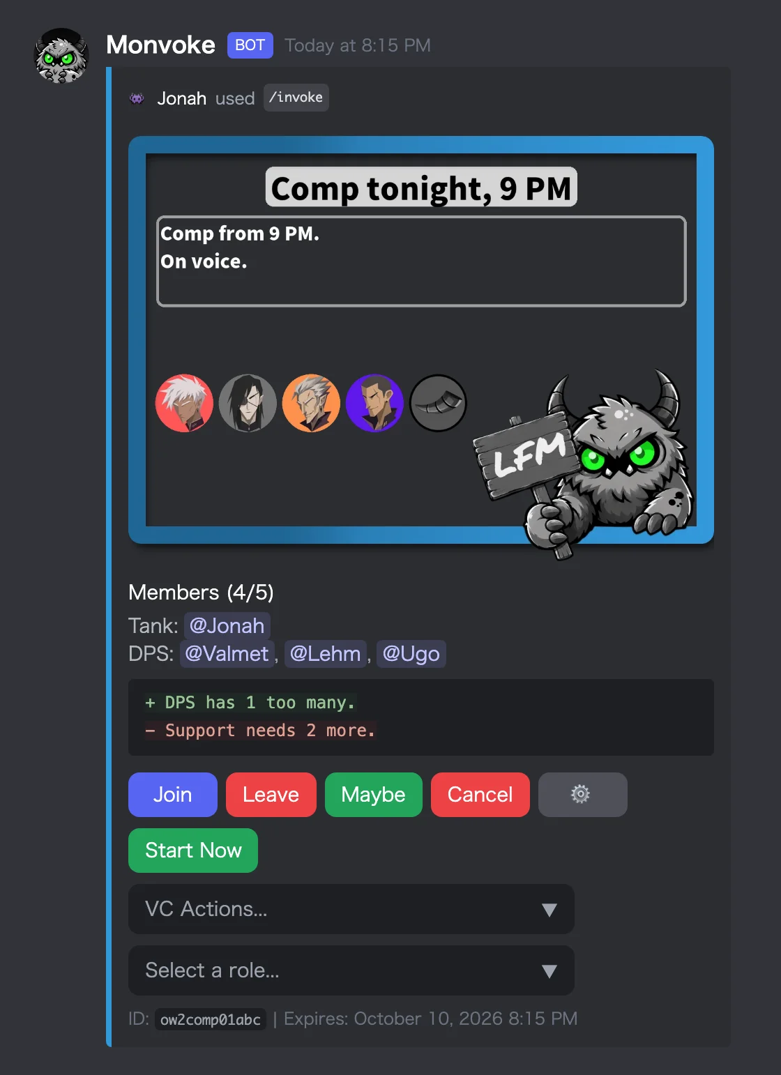 An Overwatch 2 comp LFG post with four members joined. Three are on DPS and nobody is on Support, so a warning about the role counts is shown