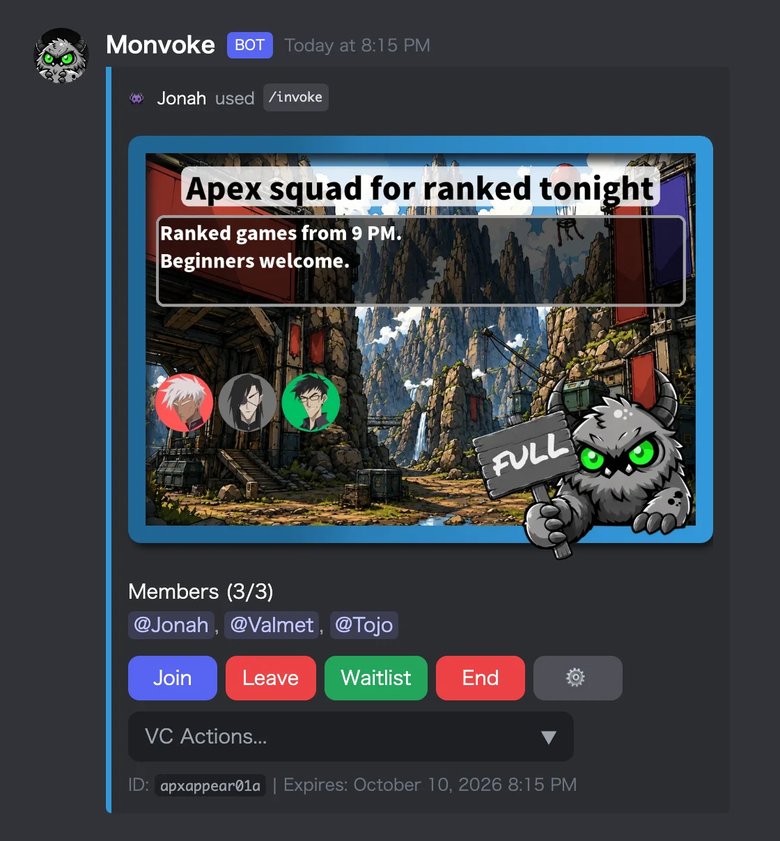 The same Apex post after it fills up, with the character changed to the full-group picture
