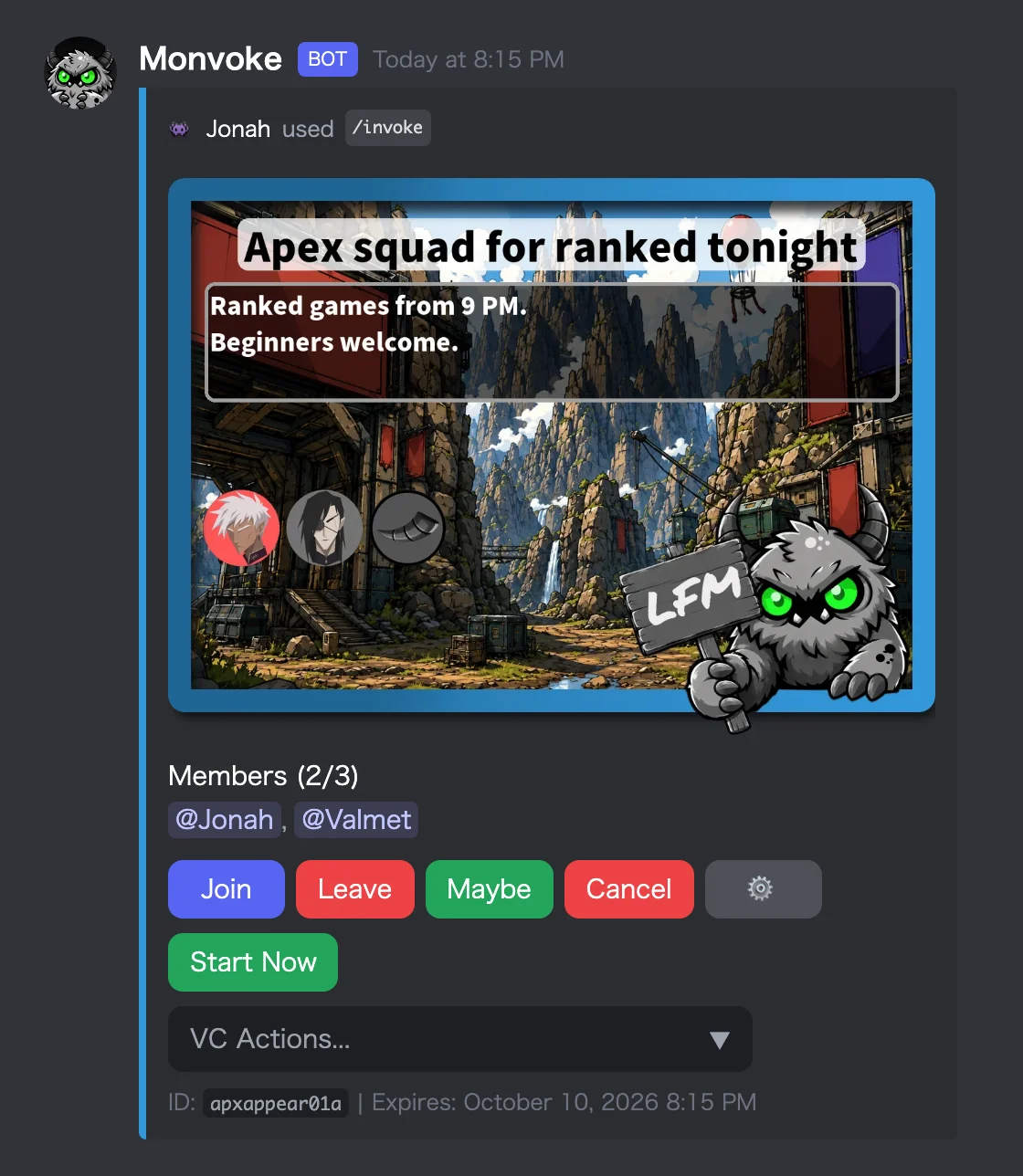 An Apex LFG post on a wasteland background, with the Monvoke character showing that the group is still recruiting