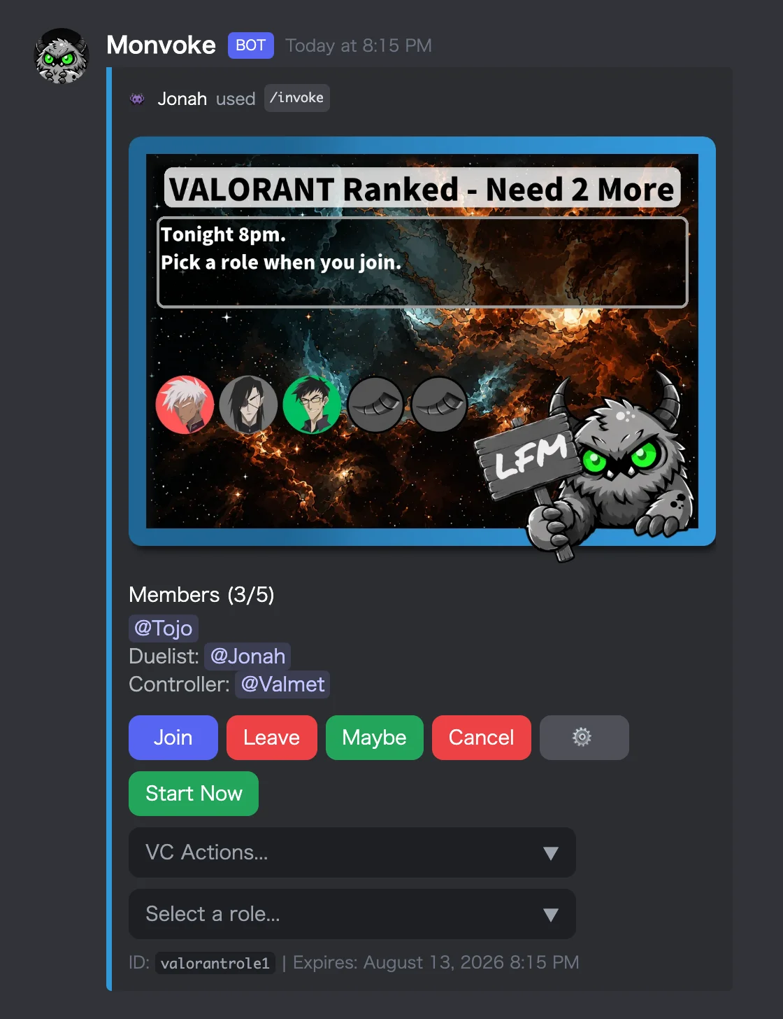 A VALORANT ranked recruitment message with three members joined and the Duelist and Controller roles claimed