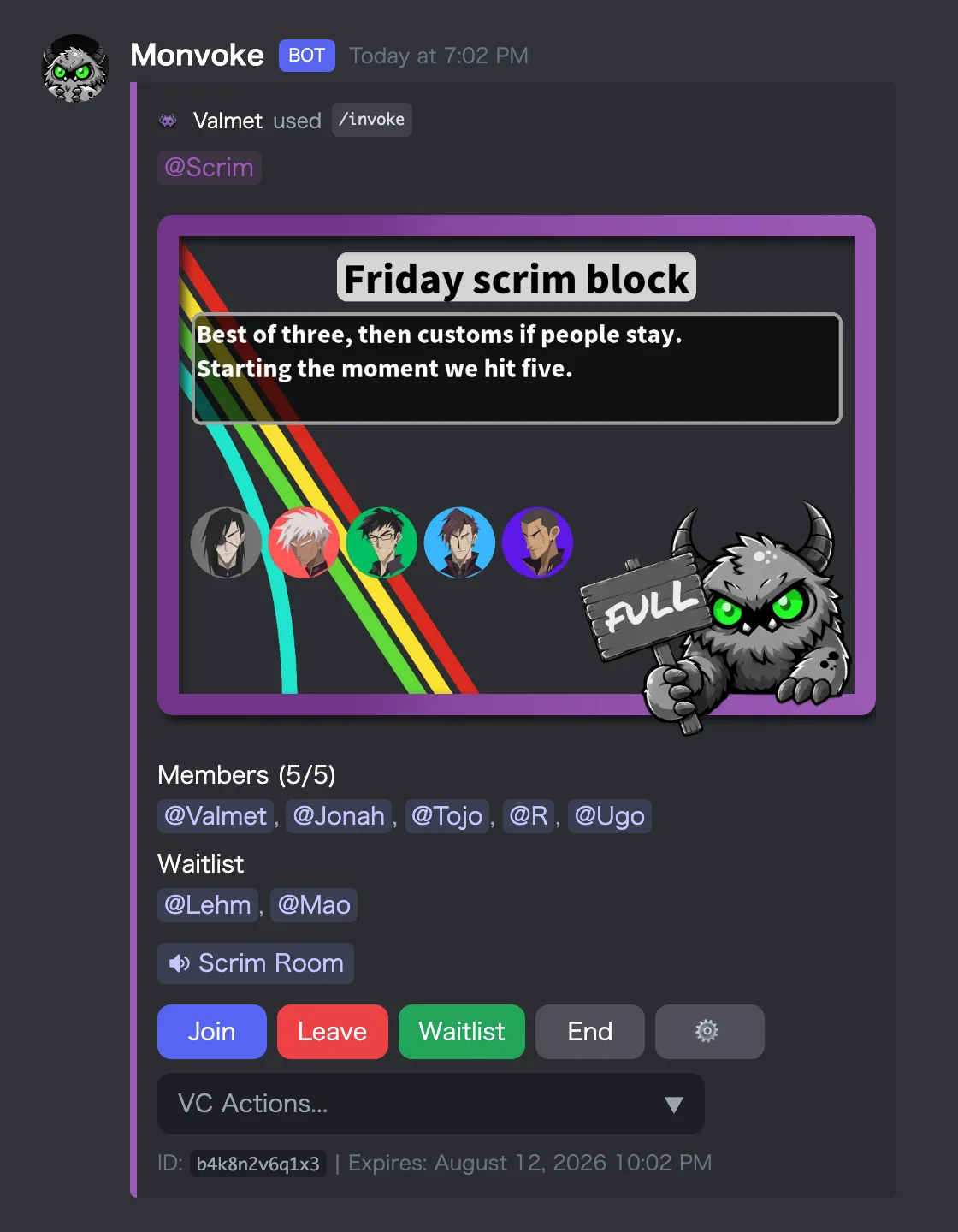 The same post once every slot is taken, with a waitlist and a linked voice channel