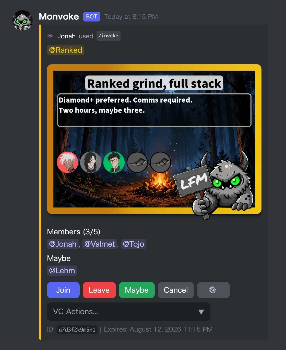 A Monvoke LFG post in Discord with Join, Leave, Maybe and Cancel buttons